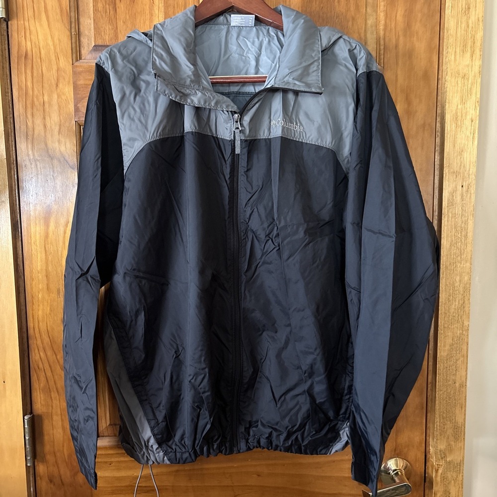 Columbia Mens XL Full Zip Hooded Jacket Black Grey Windbreaker WM7675 Packable